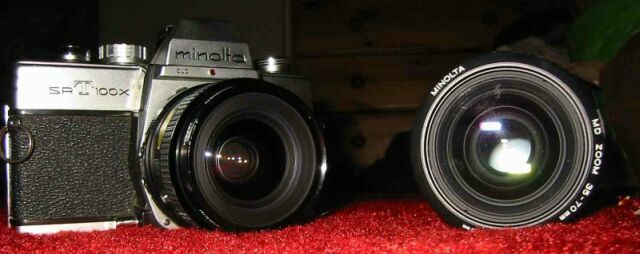 The Minolta SRT100x With 28mm f2 lens fitted and original 35-75 f3.5 lens.